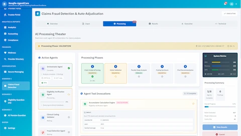Real-time AI Processing Theater showing multi-agent orchestration with active agents, processing phases, system metrics, and tool invocations